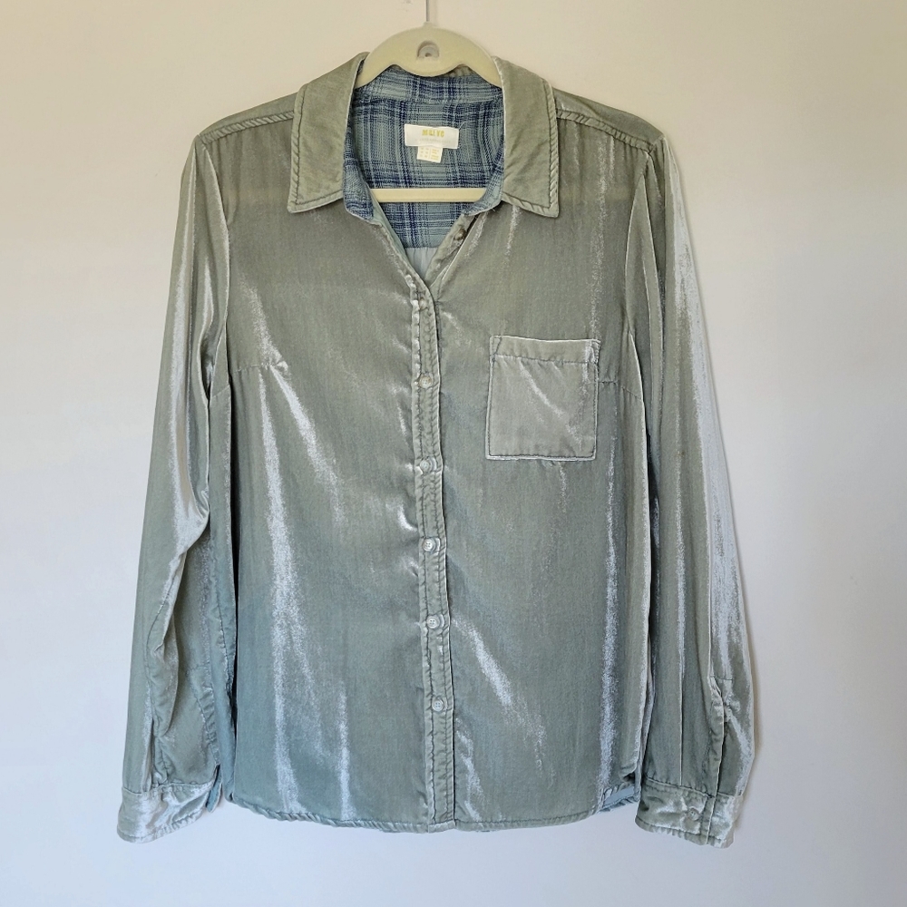 Anthropologie Sage Green Button-Up Velvet Shirt - Picture 2 of 7
